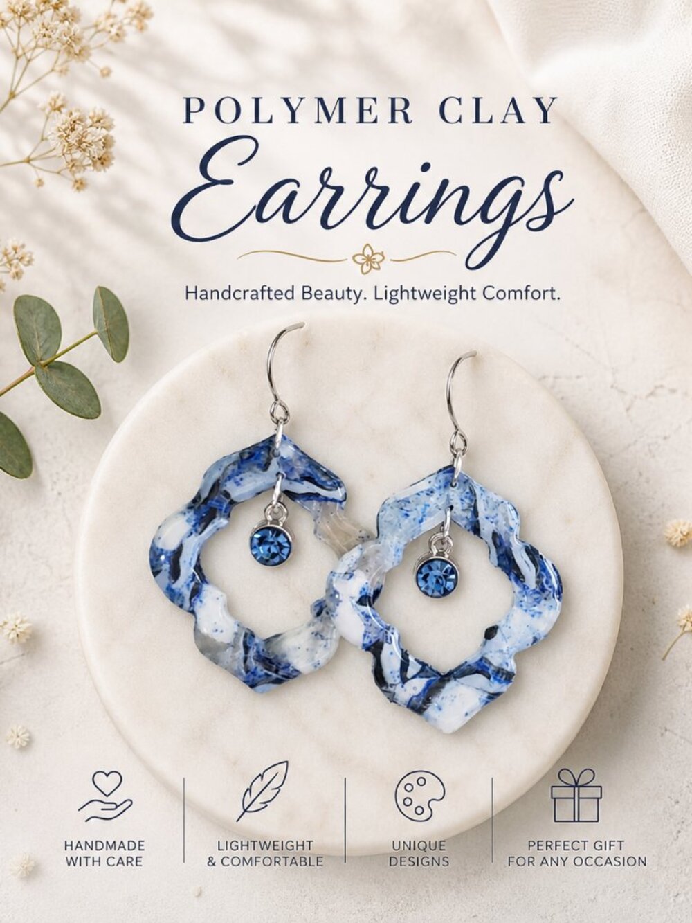 💙  Handmade Blue Marble Polymer Clay Earrings | Lightweight Statement Dangle